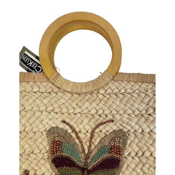 Cee Klein Woven Straw Tote Bag With Wooden Handle & Beaded Butterfly Design - Picture 4 of 9